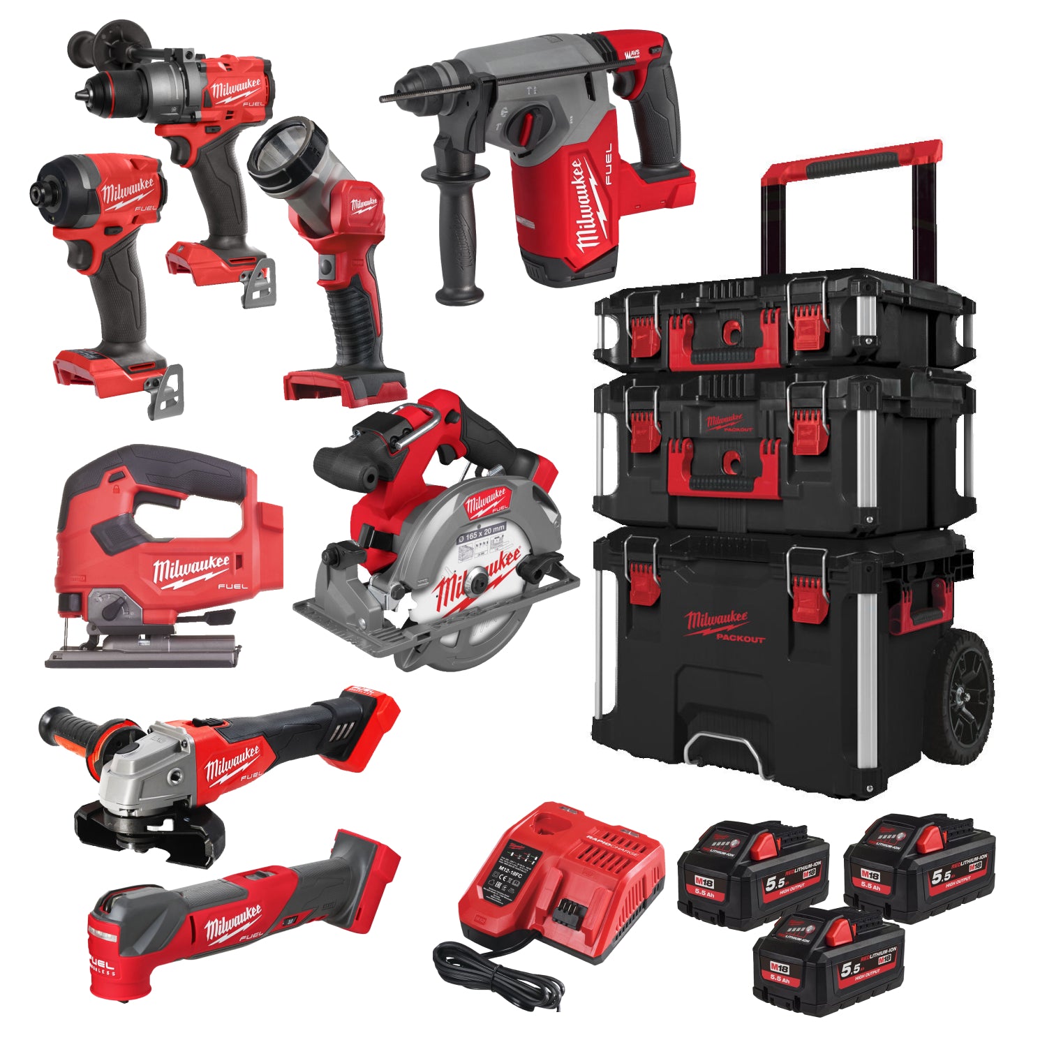 Milwaukee M18 FPP8E-553P 18V Li-ion 8-Delige combiset (3x 5.5Ah + 1x 3.0Ah) in Packout