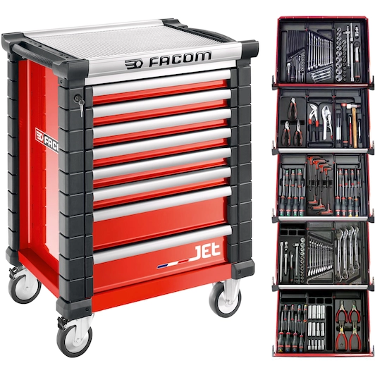 Facom JETCM175BNL GEREEDSCHAPSWAGEN 8 LADEN M3, 5 GEVULDE LADEN, ROOD