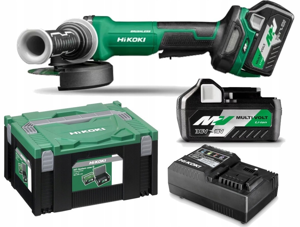 [4966376406982] Hikoki ( G3613DFWQZ ) G3613DF WQZ ACCU HAAKSE-SLIJPMACHINE 36V, BL, 125MM, DODEMANSSCHAKELAAR, REM, 2x MV-A [36V 2,5Ah/18V 5,0Ah] in HSC II