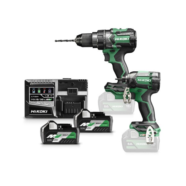 Hikoki DS18DC ( KC18DCWAZ ) KC18DC WAZ, DS18DC ACCU BOOR-SCHROEFMACHINE 140 Nm en WH18DC SLAGSCHROEVENDRAAIER 1/4" 18V, BL, 210 Nm, IP56, MV, 2x MV-A [36V 2,5Ah/18V 5,0Ah] in HSC III