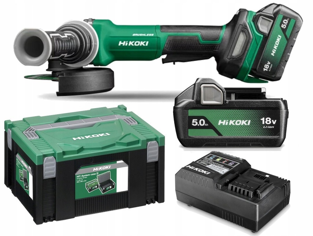 Hikoki G1813DVF ( G1813DVFWQZ ) G1813DVF WQZ ACCU HAAKSE SLIJPMACHINE 18V, VARIABEL TOERENTAL, BL, 125MM, REM, DODEMANSSCHAKELAAR, MV, 2x 18V 5,0Ah in HSC II