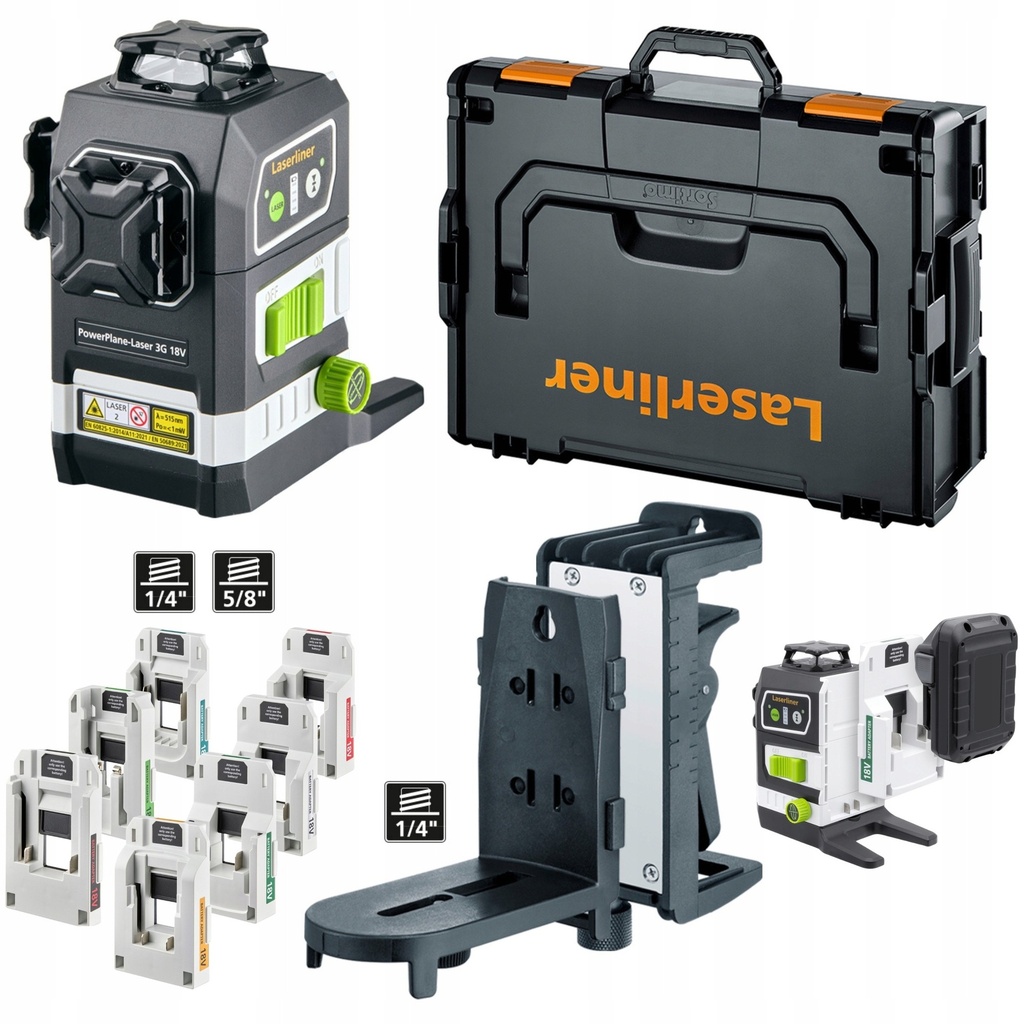 [4021563739585] Laserliner PowerPlane-Laser 3G Multi-18V Kruislijnlaser in L-Boxx - 3 lijnen - groen - 60m - IP54
