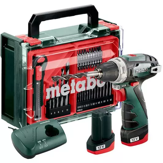 Metabo 600080710 PowerMaxx BS Set accu-boorschroefmachine, 12V 2x2Ah Li-Power; Lader LC 40; Kunststof koffer; Mobiele werkplaats 12v Met 41 accessoires