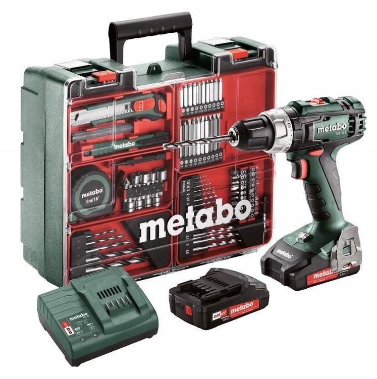Metabo 614051710 BS 18 L Set accu-boorschroefmachine, 18V 2x2Ah Li-Power; Lader SC 30; Kunststof koffer; Mobiele werkplaats 18v Met 74 accessoires
