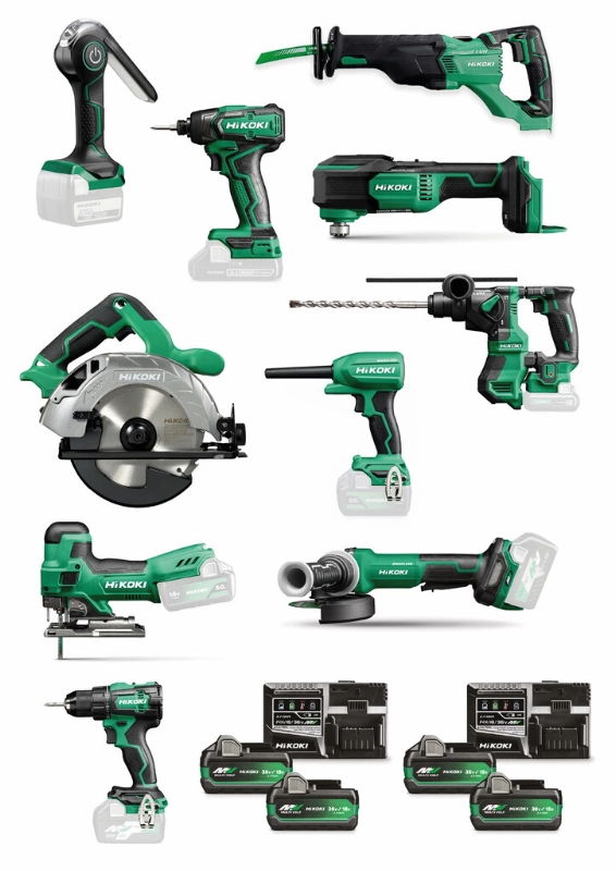[KC18H10A-MVA4] HiKOKI KC18H10A-MVA4 Accu Comboset 10 machines 4x 18V 5.0Ah accu's en 2x UC18YSL3 lader in 3x HSCII, 1x HSCIII + 2x HSCIV koffers