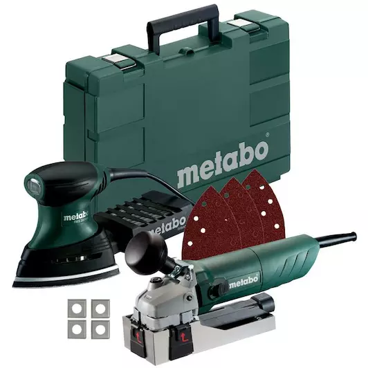 [4007430279217] Metabo 690870000 LF 850 S + FMS 200 Set Machines op netvoeding in de set; Kunststof koffer; met 14 HW-omkeermessen en 10 hechtschuurbladen 230v Met extra mesjes