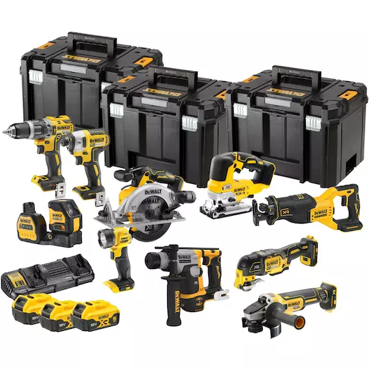 [5035048809525] DEWALT DCK1012P4T-QW 18V XR Brushless 10-delige set (DCD796 + DCF887 + DCG405 + DCS565 + DCS382 + DCS334 + DCS356 + DCH172 + DCE088NG18 + DCL040) 4x 5,0Ah accu + lader